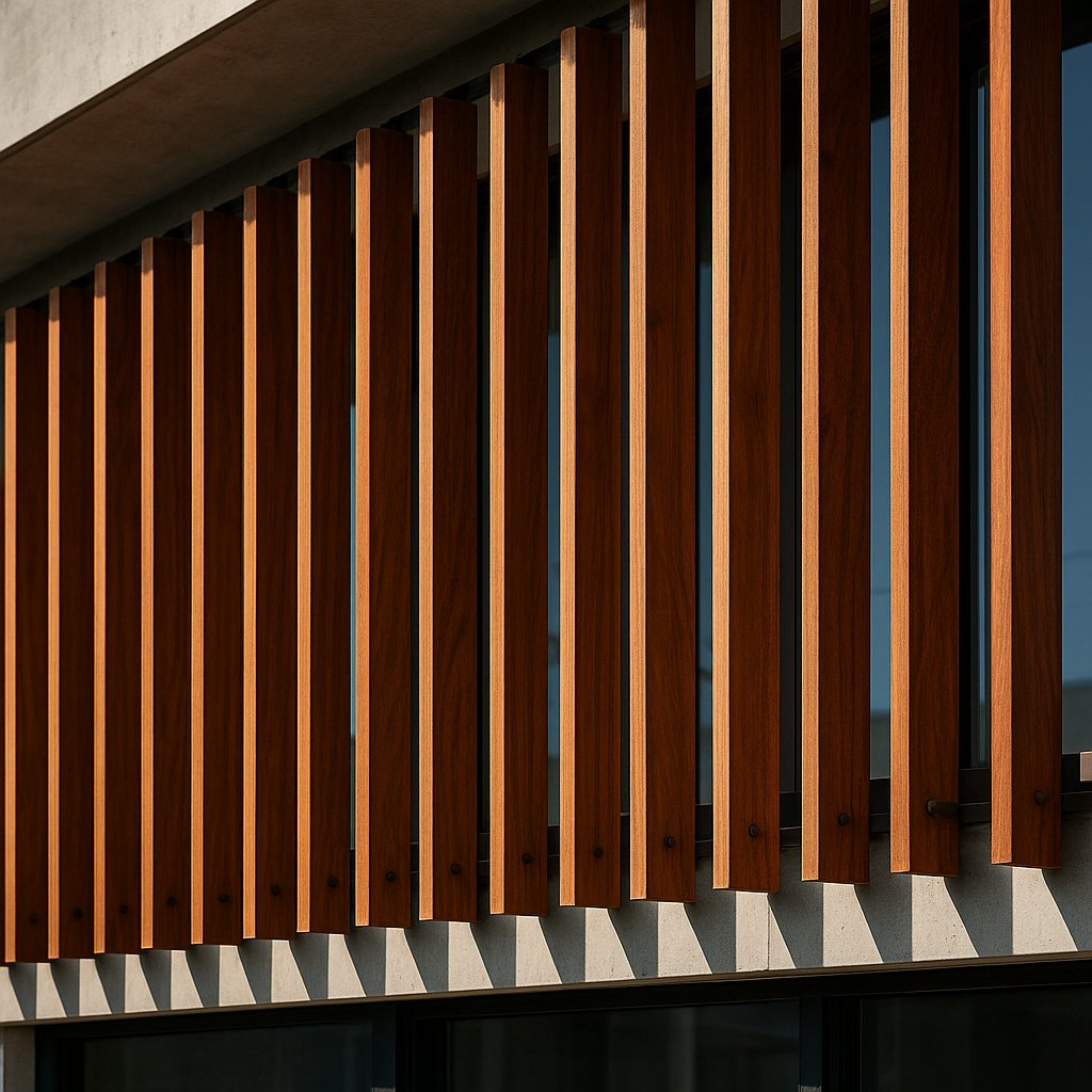 Detalhe de ripas de madeira instaladas como brise-soleil