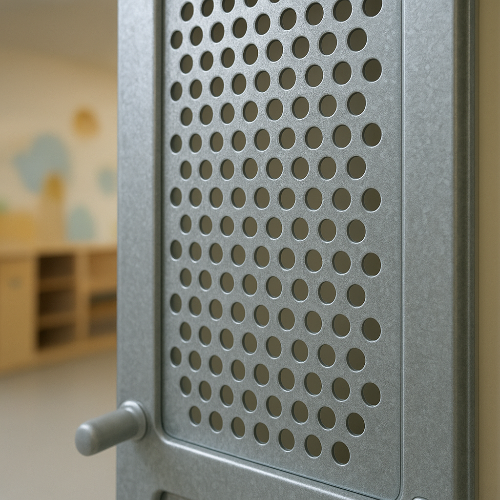 Detalhe técnico de chapa metálica para porta de creche