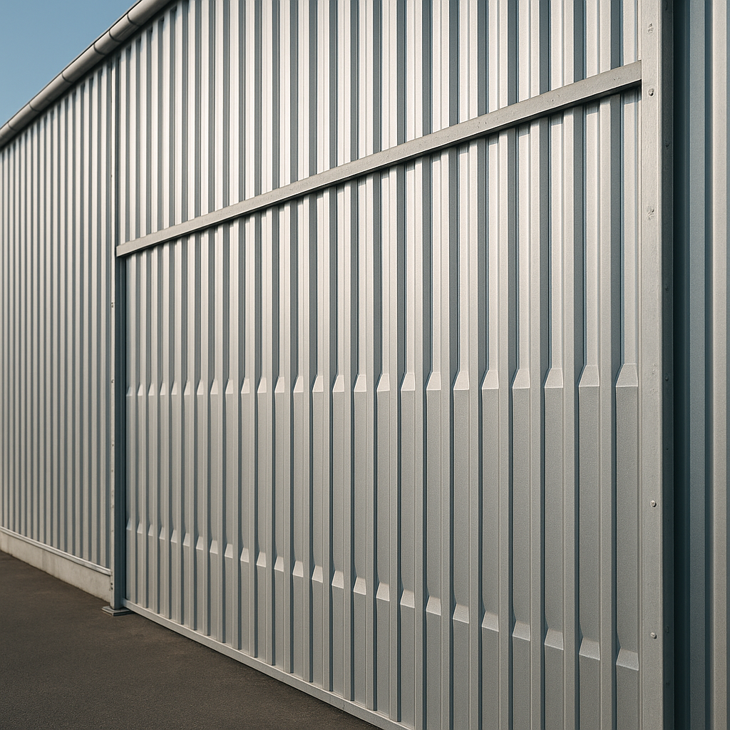 Detalhe técnico de fachada revestida com telha de alumínio trapezoidal