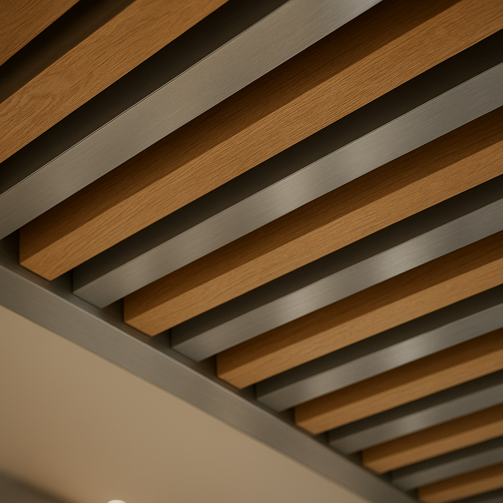 Detalhe de forro ripado combinando ripas de madeira e metal