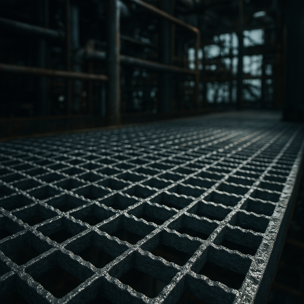 Grade de piso em aplicação industrial com estrutura antiderrapante