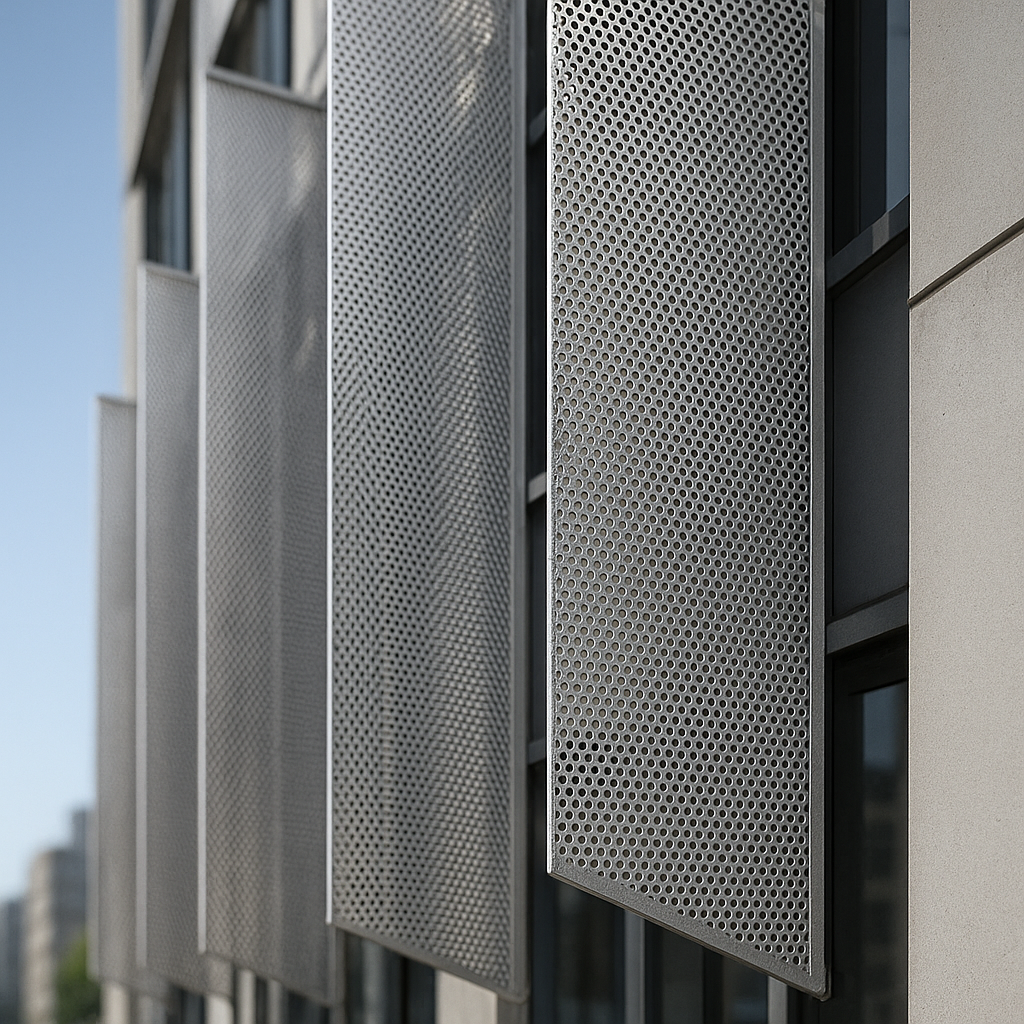 Quebra-sol metálico vertical e horizontal aplicado em fachada moderna