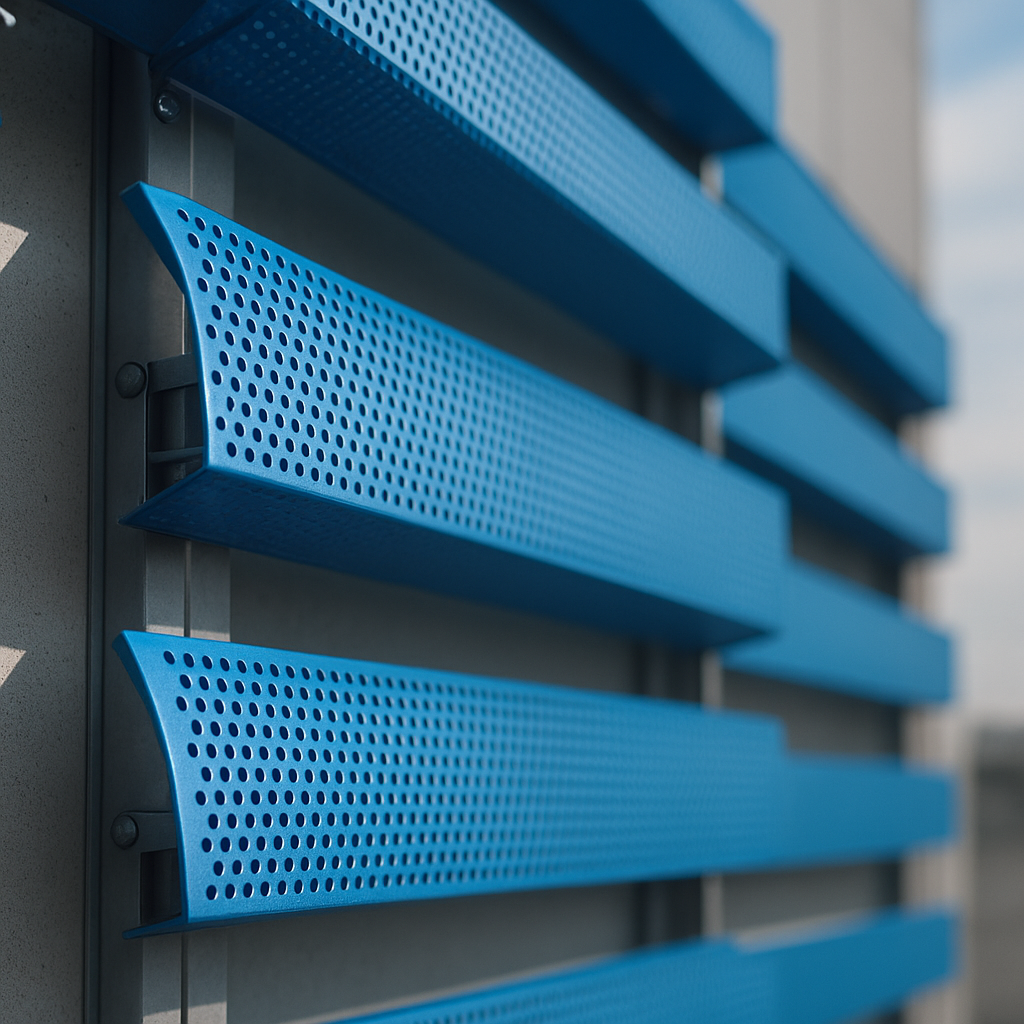 Brises metálicos coloridos para controle solar em edificações