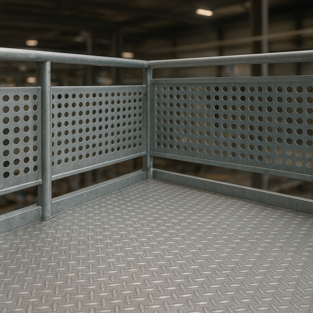 Estrutura de mezanino comercial com guarda-corpo e escada de acesso