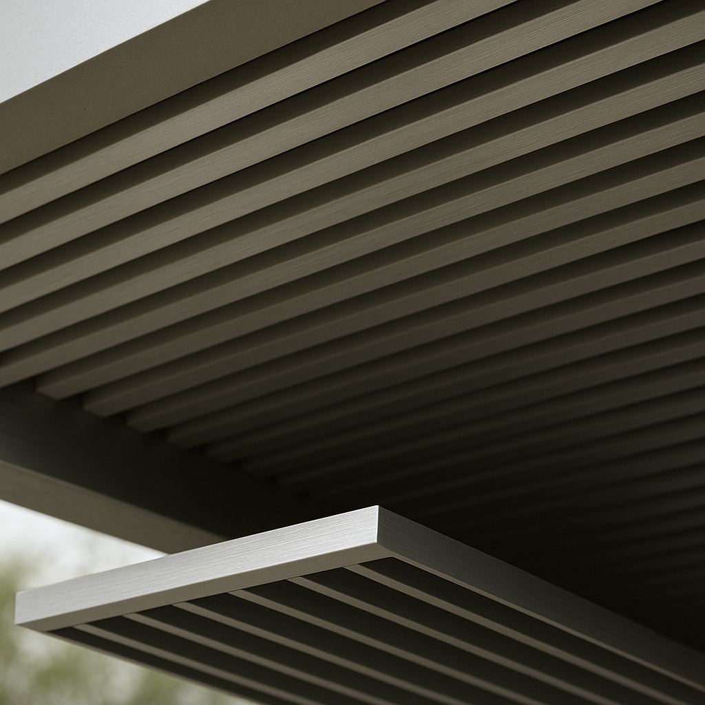 Detalhe técnico de painel ripado em revestimento metálico